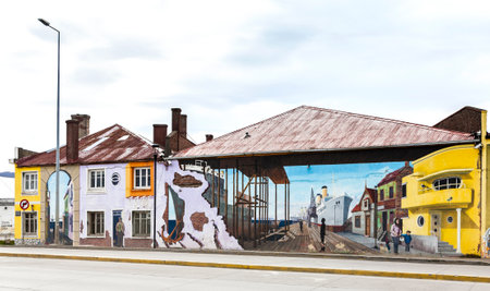 Punta Arenas, Chile - October 25, 2013  Colorful and realistic graffiti decorating one of main streets in Punta Arenas のeditorial素材