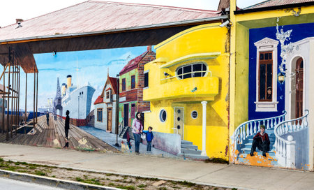 Punta Arenas, Chile - October 25, 2013  Colorful and realistic graffiti decorating one of main streets in Punta Arenas のeditorial素材