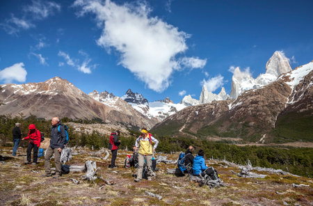 Los Glaciares National Park, Argentina - November 08, 2013  Tourists admiring scenic view of Mount Fitz Roy, one of the most beautiful places in Patagonia, Argentina のeditorial素材