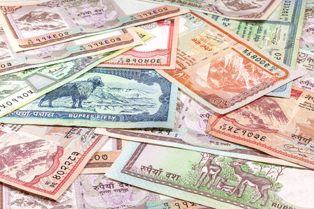Money from Nepal, various Rupee banknotes.の写真素材