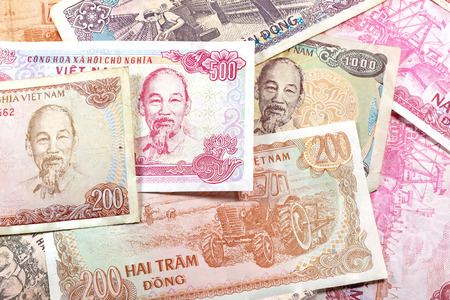 Money from Vietnam, various Dong banknotes.の写真素材