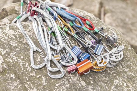 Climbing equipment on a rock.の写真素材
