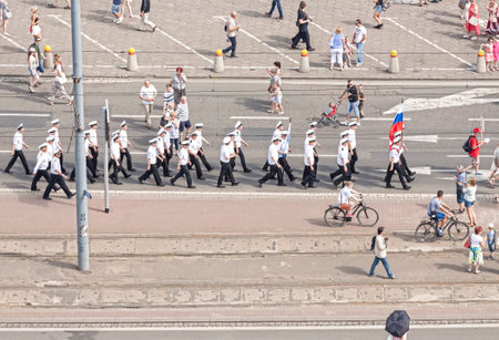 Szczecin, Poland - June 13, 2015: Sedov sailing ship crew parade on Chrobry Embankment during the Tall Ships Regatta 2015 Final. The ship is the largest training tall ship in the world.のeditorial素材