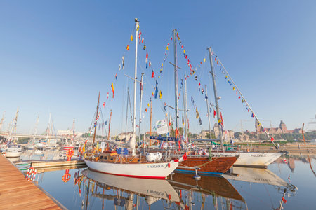 Szczecin, Poland - June 13, 2015: Szczecin's marina at Chrobry Embankment with yachts taking part in...