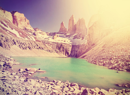 Vintage  toned mountains, Torres del Paine National Park, Patagonia, Chile.の写真素材