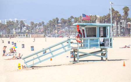 Venice, Los Angeles, USA - August 22, 2015: Lifeguard tower in Venice Beach during the peak season.のeditorial素材