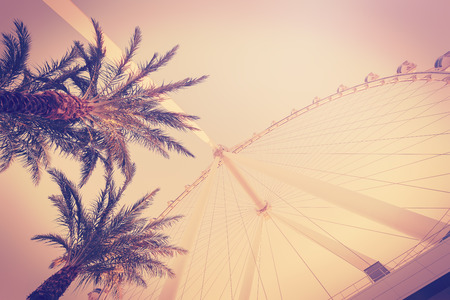 Retro vintage toned photo of palms and ferris wheel, summer fun concept.の写真素材