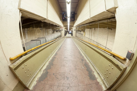 New York, USA - August 15, 2015: Fisheye lens photo of a ramp in Grand Central Terminal, first...