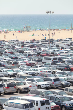 Santa Monica, USA - August 22, 2015: Santa Monica Pier parking filled with cars. Santa Monica Pier celebrated its centennial in September 2009.のeditorial素材