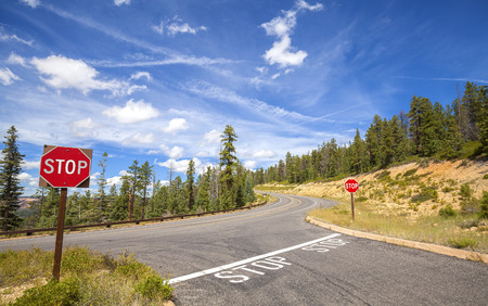 Stop signs by the side of an empty road.の写真素材