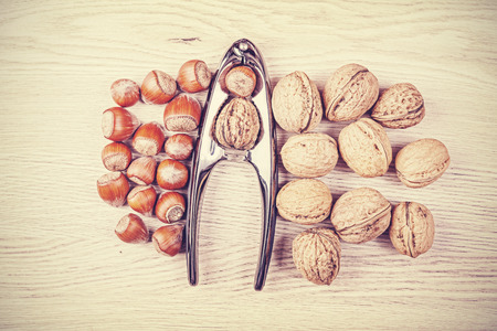 Vintage stylized nuts with nutcracker on a wooden background.の写真素材