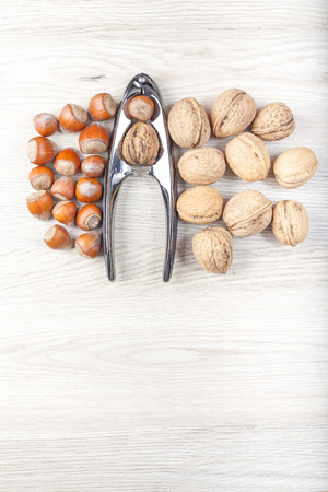 Nuts and nutcracker on wooden background, space for text.の写真素材