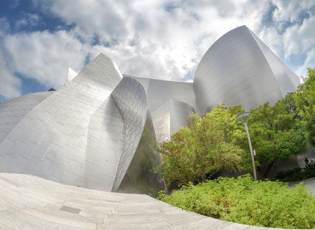 Los Angeles, USA - August 21, 2015:  Fisheye lens photo of Walt Disney Concert Hall designed by Frank Gehry, home of the Los Angeles Philharmonic orchestra and the Los Angeles Master Chorale.のeditorial素材