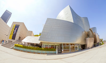 Los Angeles, USA - August 21, 2015:  Fisheye lens photo of Walt Disney Concert Hall designed by Frank Gehry, home of the Los Angeles Philharmonic orchestra and the Los Angeles Master Chorale.のeditorial素材