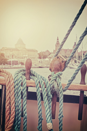Old film retro stylized rigging of an old sailing ship.の写真素材