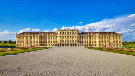 Vienna, Austria - August 14, 2016: Front view of the Schonbrunn Palace, former imperial summer residence and a major tourist attraction in the city.のeditorial素材