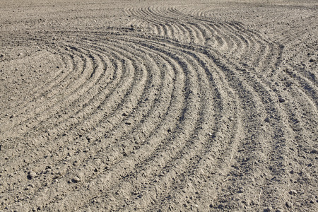 Close up picture of plowed agricultural field in summer time.