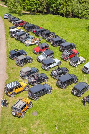Babi, Czech Republic - May 28, 2016: Jeep off road cars fans reunion and picnic by the The Stachelberg fortress complex, top view.のeditorial素材