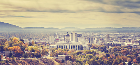 Vintage toned panoramic picture of Salt Lake City skyline, Utah, USA.の写真素材