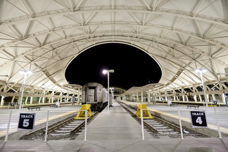 Denver, USA -  November 3, 2016: Night picture of renovated Denver Union Station, main railway...
