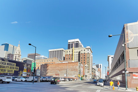 Denver, USA - November 4, 2016: Buildings along Champa St. in Curtis Park, Denver's oldest district....