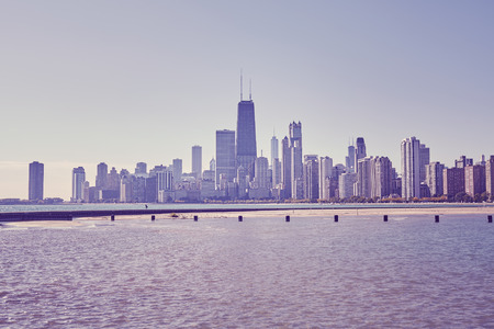 Retro toned photo of Chicago city downtown skyline, USA.の写真素材