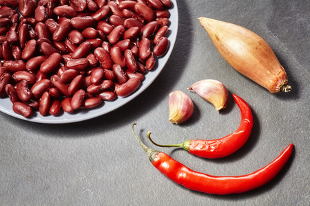 Cooked red kidney bean and vegetables, Mexican food ingredients, selective focus.の写真素材