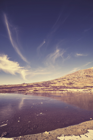 Color toned Independence Pass mountain lake landscape, continental divide in Colorado, USA.の写真素材