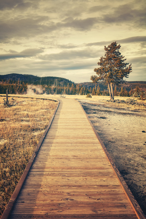Retro toned picture of  wooden path in Yellowstone National Park, Wyoming, USA.の写真素材