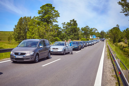 Bukowina Tatrzanska, Poland - June 15, 2017: Traffic jam on a road to Tatra Mountains, popular...