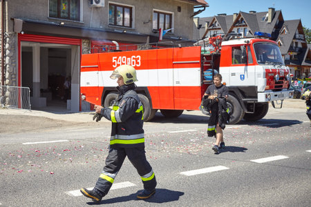 Bialka Tatrzanska, Poland - June 15, 2017: Firefighters rush to respond to emergency call during...