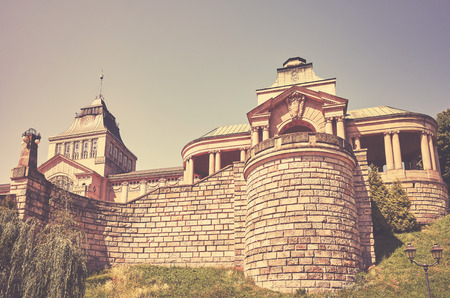 Retro toned picture of Chrobry Embankment in Szczecin, Poland.の写真素材