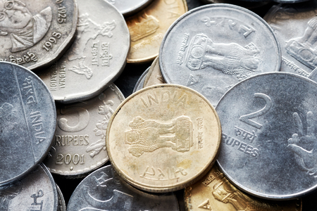 Extreme close up picture of Indian rupee, shallow depth of field.の写真素材