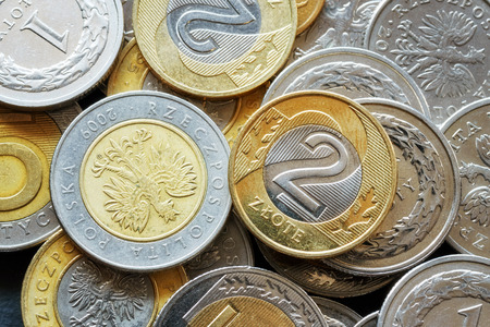 Close up picture of Polish Zloty coins, shallow depth of field.の写真素材