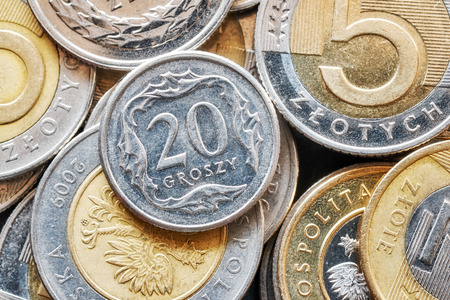 Close up picture of Polish Zloty coins, shallow depth of field.の写真素材