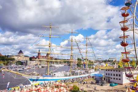 Szczecin, Poland - August 06, 2017: The Tall Ships Races 2017 in Szczecin seen from Lasztownia island, located between the West Oder River and the Oder River.のeditorial素材