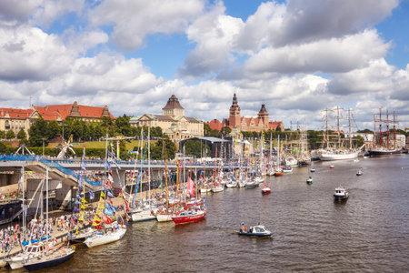 Szczecin, Poland - August 06, 2017: Sailing vessels anchored at Chrobry Embankment during Final of The Tall Ships Races 2017.のeditorial素材