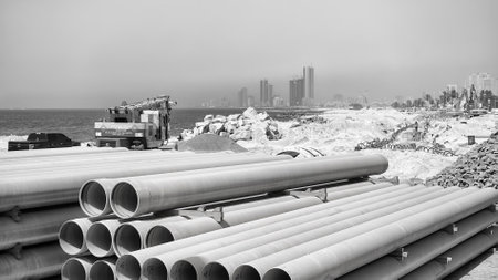 Dubai, United Arab Emirates - May 03, 2017: Pipes at a beach construction site along the road between Dubai and Sharjah.のeditorial素材