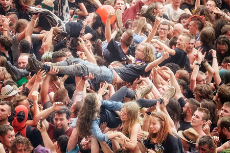 Kostrzyn, Poland - August 05, 2017: People having fun at a concert during the 23rd Woodstock Festival Poland. Festival is among the biggest open air festivals in the world.のeditorial素材
