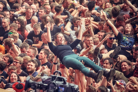 Kostrzyn, Poland - August 05, 2017: People having fun at a concert during the 23rd Woodstock Festival Poland. Festival is among the biggest open air festivals in the world.のeditorial素材