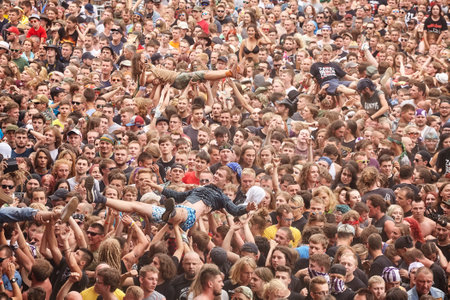 Kostrzyn, Poland - August 05, 2017: People having fun at a concert during the 23rd Woodstock Festival Poland. Festival is among the biggest open air festivals in the world.のeditorial素材