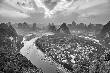 Black and white picture of Li River at sunset seen from Lao Zhai Shan, Xingping, China.の写真素材