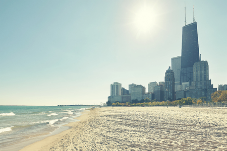 Chicago waterfront against the sun, cross processing applied, USA.の写真素材
