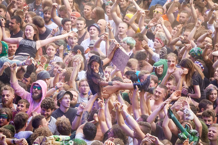 Kostrzyn, Poland - August 05, 2017: People having fun at a concert during the 23rd Woodstock Festival Poland. Festival is among the biggest open air festivals in the world.のeditorial素材