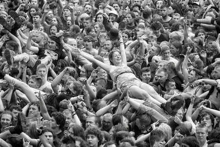 Kostrzyn, Poland - August 05, 2017: People having fun at a concert during the 23rd Woodstock Festival Poland. Festival is among the biggest open air festivals in the world.のeditorial素材