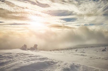 Winter mountainous landscape at sunset, Karkonosze National Park, Poland.の写真素材