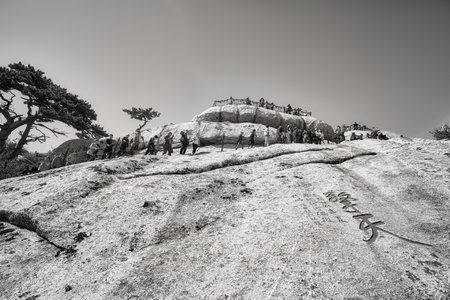 Mount Hua, Shaanxi Province, China - October 06, 2017: Tourists queue to climb Huashan mountain, one of the top travel destinations in China, during the National Day Golden Week holiday.のeditorial素材