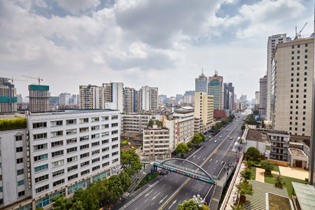 Kunming, China - September 20, 2017: Aerial view of downtown Kunming, the capital and largest city of Yunnan province in southwest China.のeditorial素材