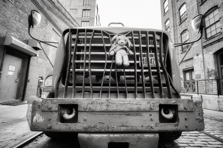 New York, USA - May 24, 2017: Plush mascot fastened to a truck bumper parked on a street in Brooklyn...