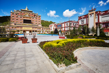 Shangri-La, China - September 24, 2017: City downtown, formerly called Zhongdian, renamed in 2001 after the fictional land in James Hilton novel Lost Horizon, to promote tourism in the area.のeditorial素材